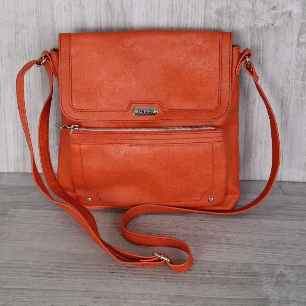 Relic Orange Pebble Faux Leather Crossbody Shoulder Bag Adjustable Strap Zip Top